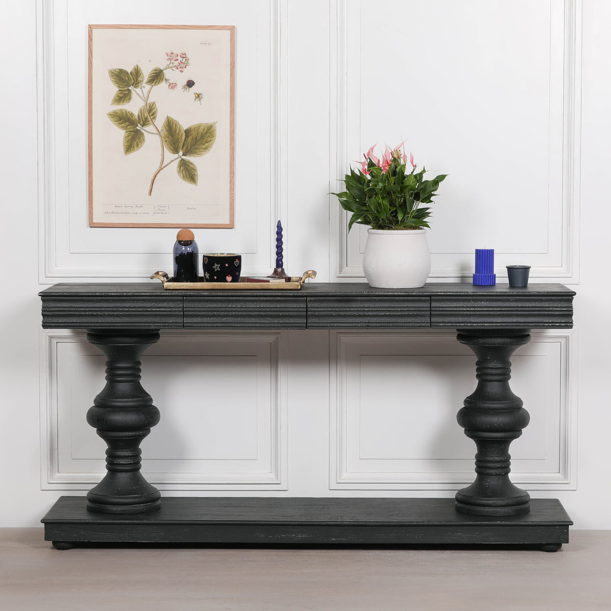 180cm Black Distressed Console Table with Drawers