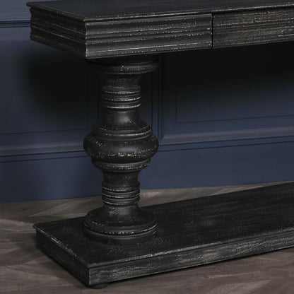 Handcrafted 180cm Distressed Black Wooden Console Table | 2 Drawers