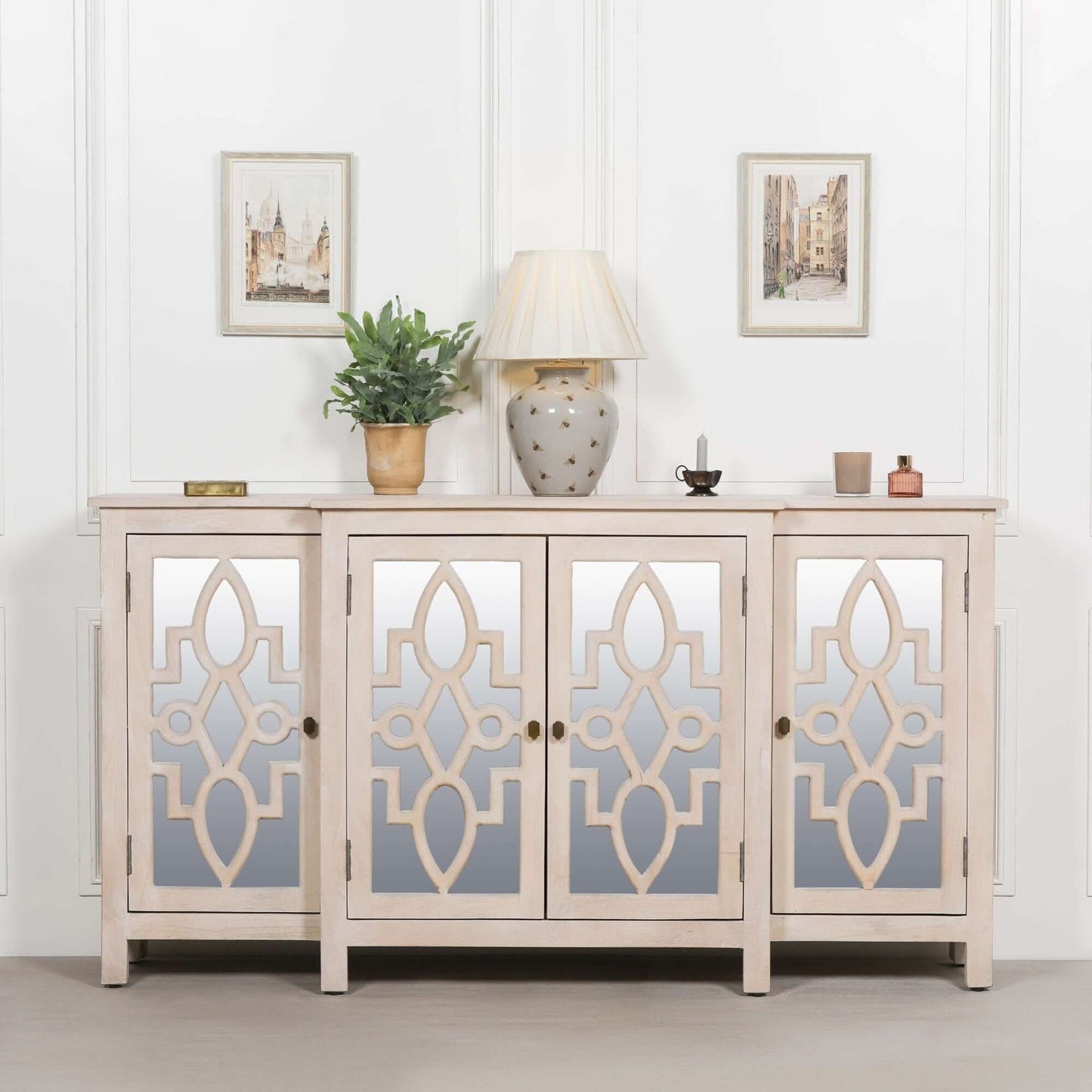 Rustic Blanche Wooden 4 Door Mirrored Sideboard with Brass Handles