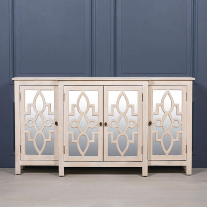 Rustic Blanche Wooden 4 Door Mirrored Sideboard with Brass Handles