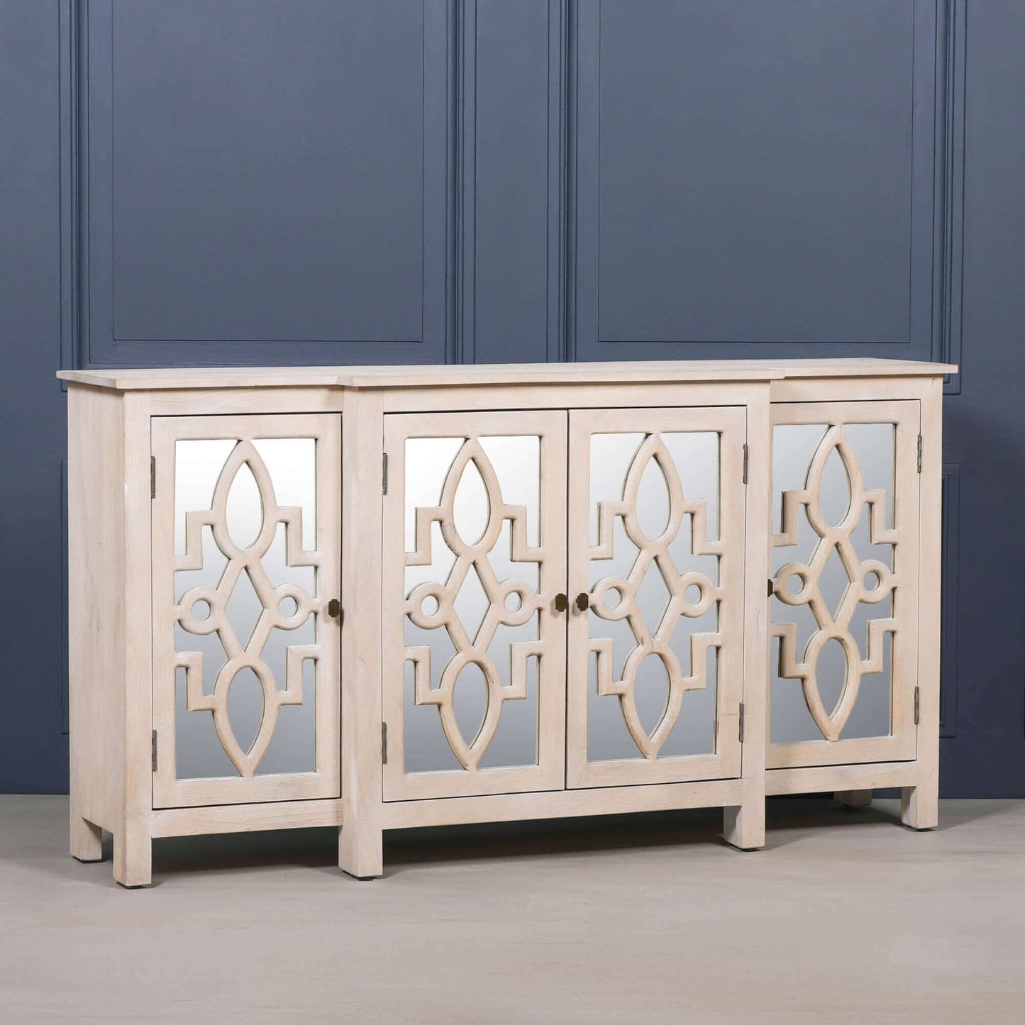 Rustic Blanche Wooden 4 Door Mirrored Sideboard with Brass Handles