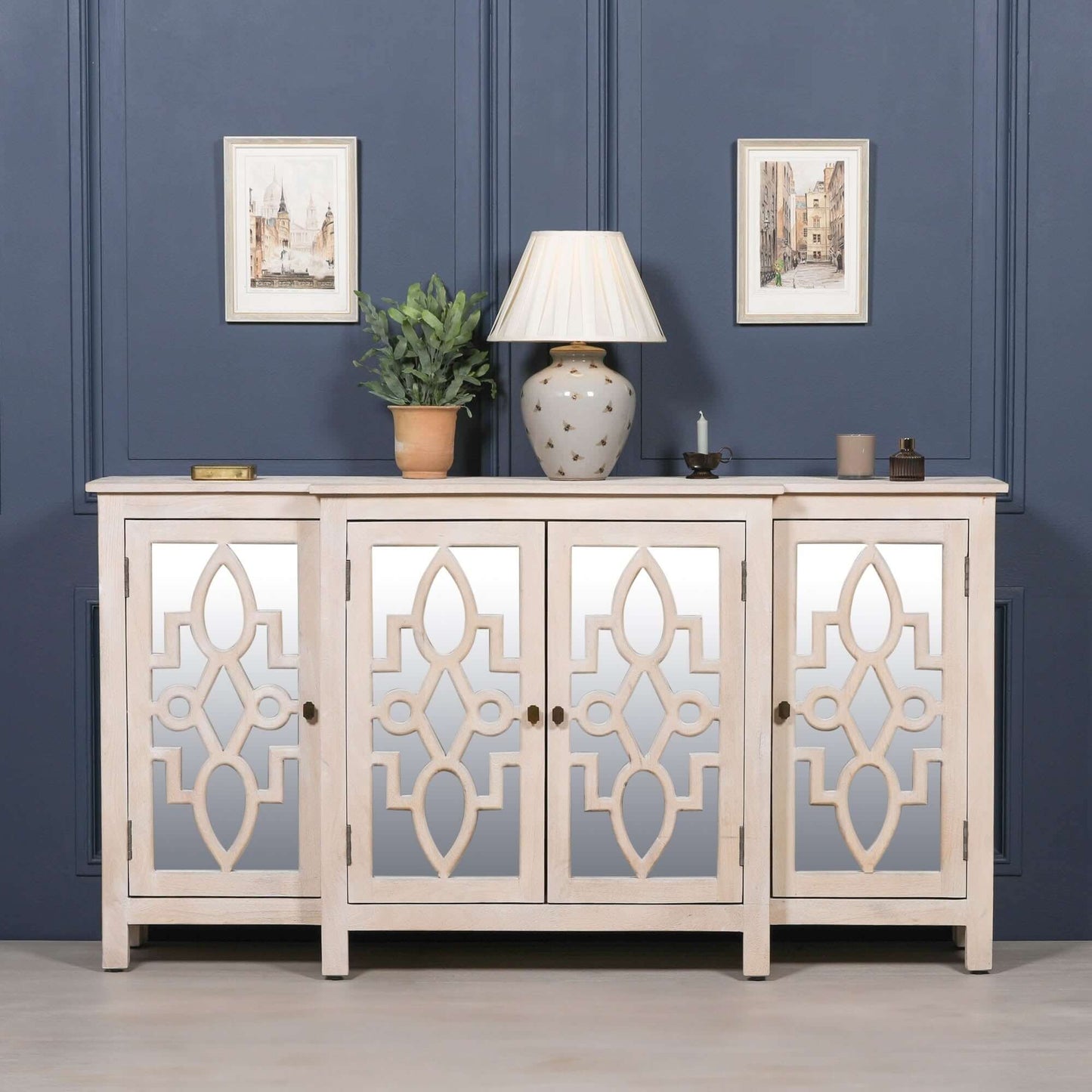 Rustic Blanche Wooden 4 Door Mirrored Sideboard with Brass Handles