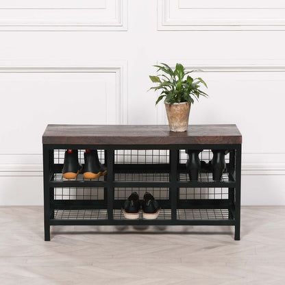 Industrial Shoe Storage Black Metal Bench with Wooden Top