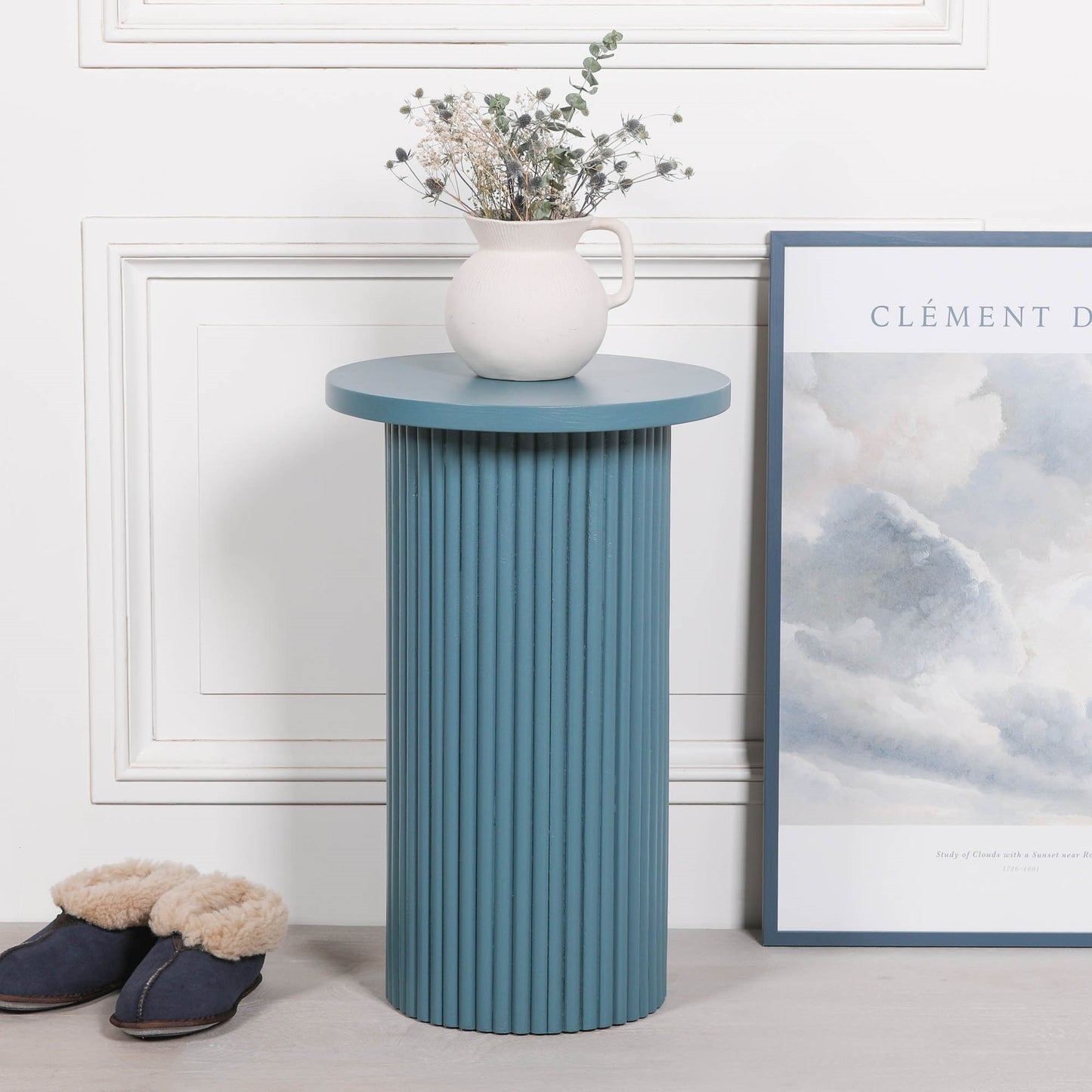 Ribbed Ocean Blue Round Side Occasional Table