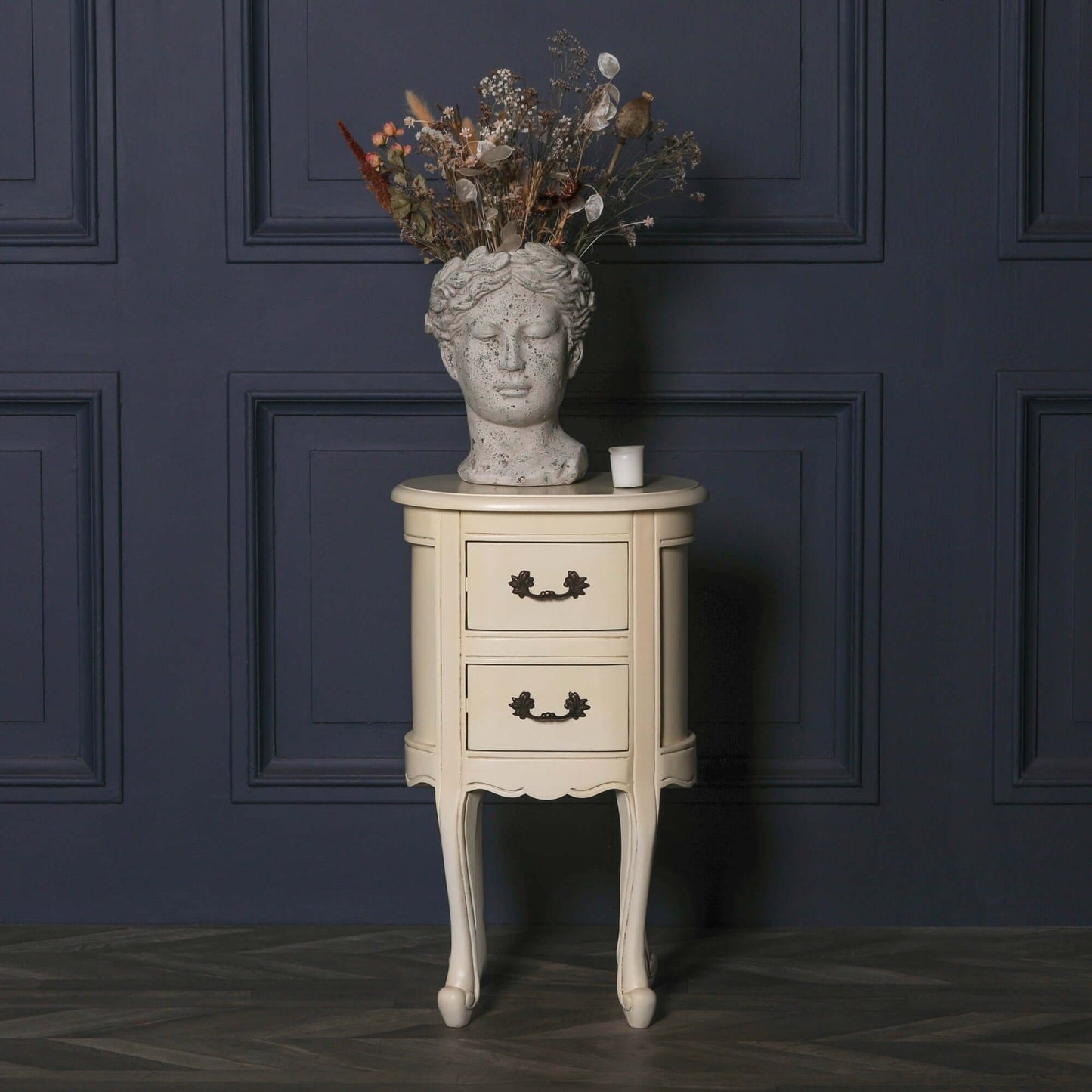 Aged Ivory Oval Bedside Table French Style