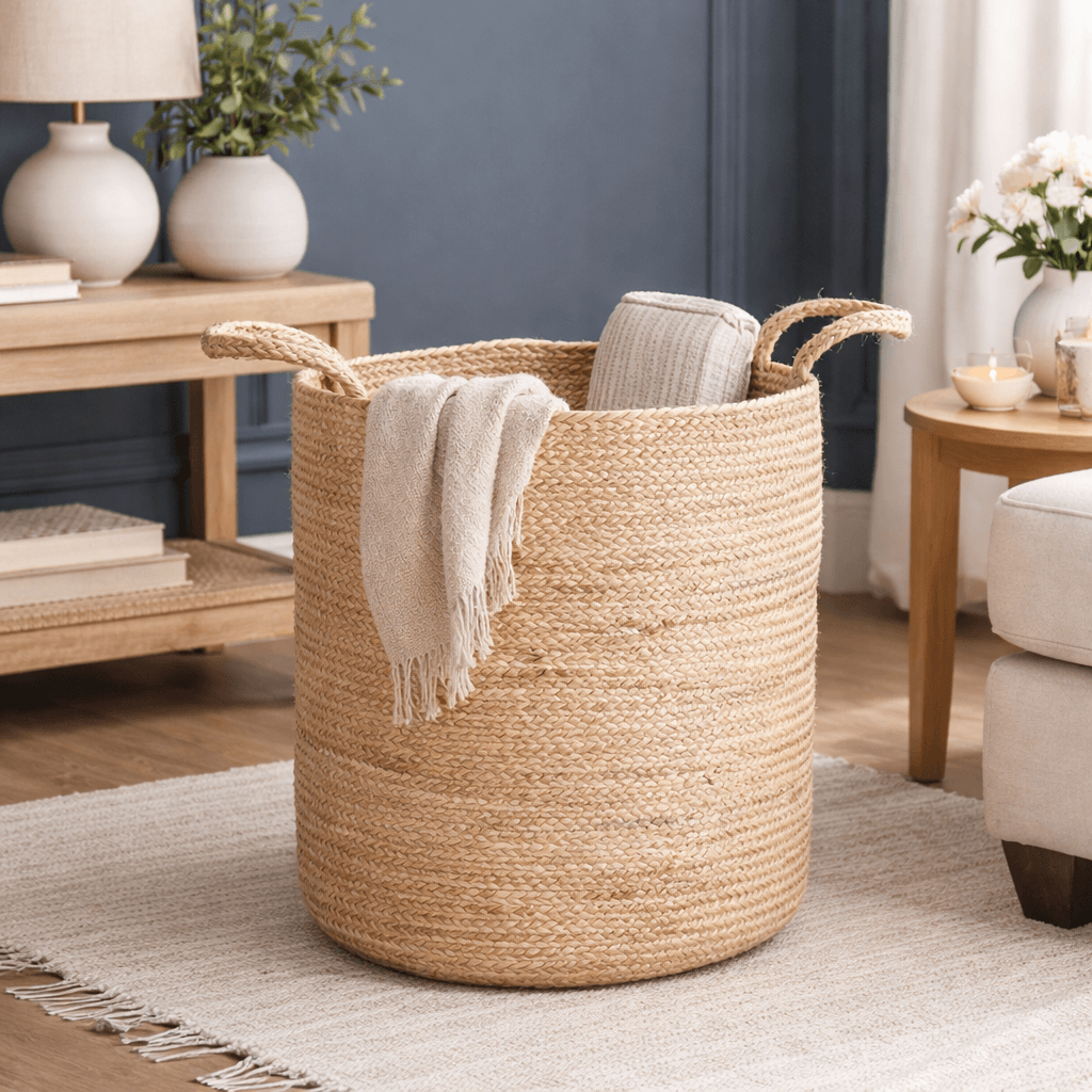 Woven basket with a blanket in a living room setting