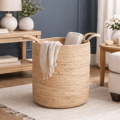 Woven basket with a blanket in a living room setting