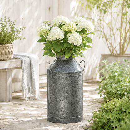 Large milk churn planter with white flowers in a garden setting
