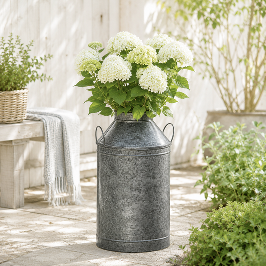 Large milk churn planter with white flowers in a garden setting