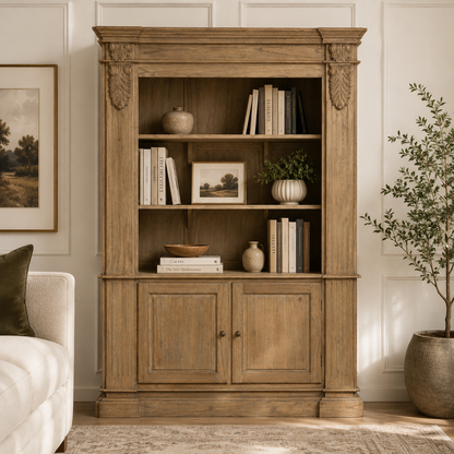 Large White Cedar Open Bookcase with Hand-Carved Corbel Details showcasing open shelving and rustic design.
