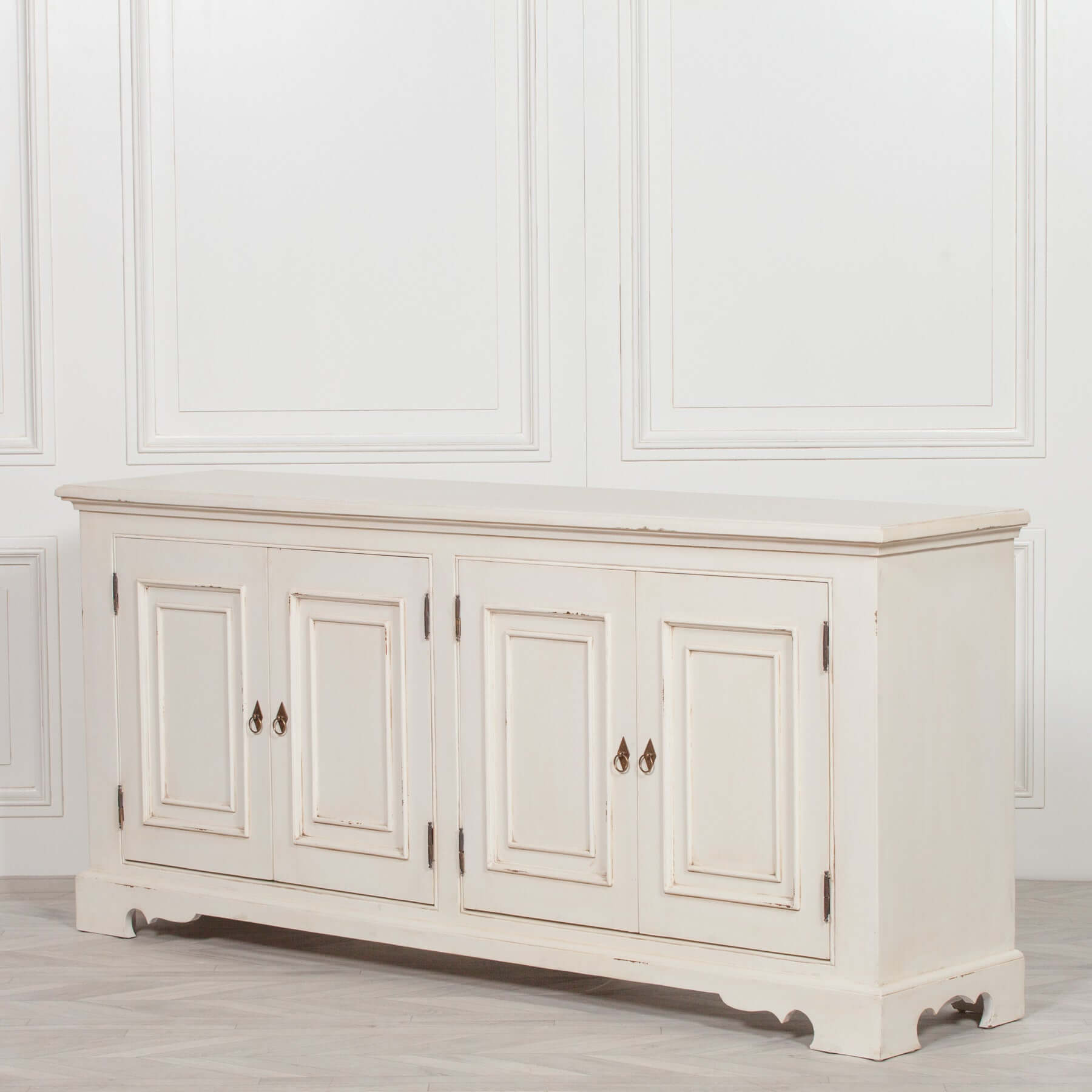 Distressed Aged White Brush Painted Classical Sideboard