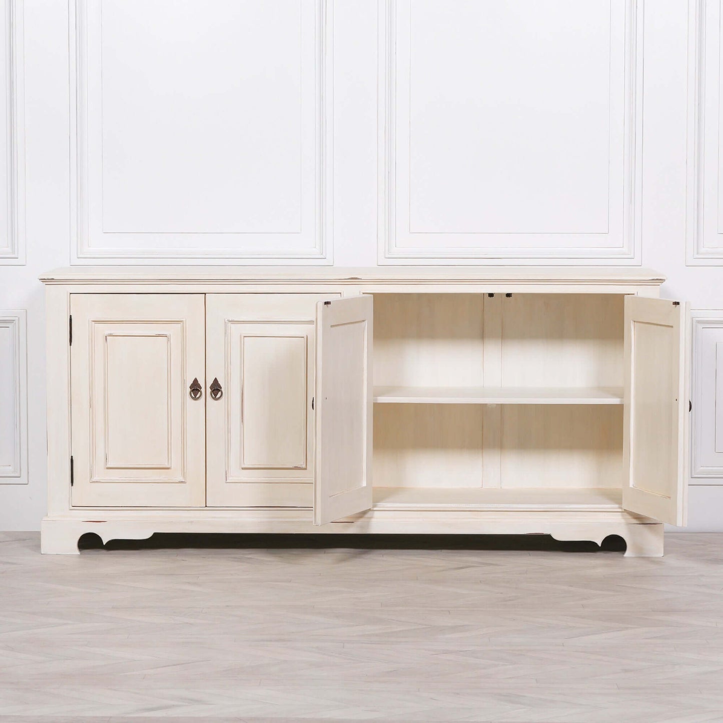 Distressed Aged White Brush Painted Classical Sideboard