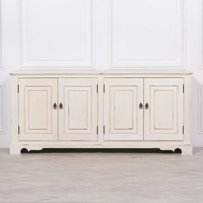 Distressed Aged White Brush Painted Classical Sideboard