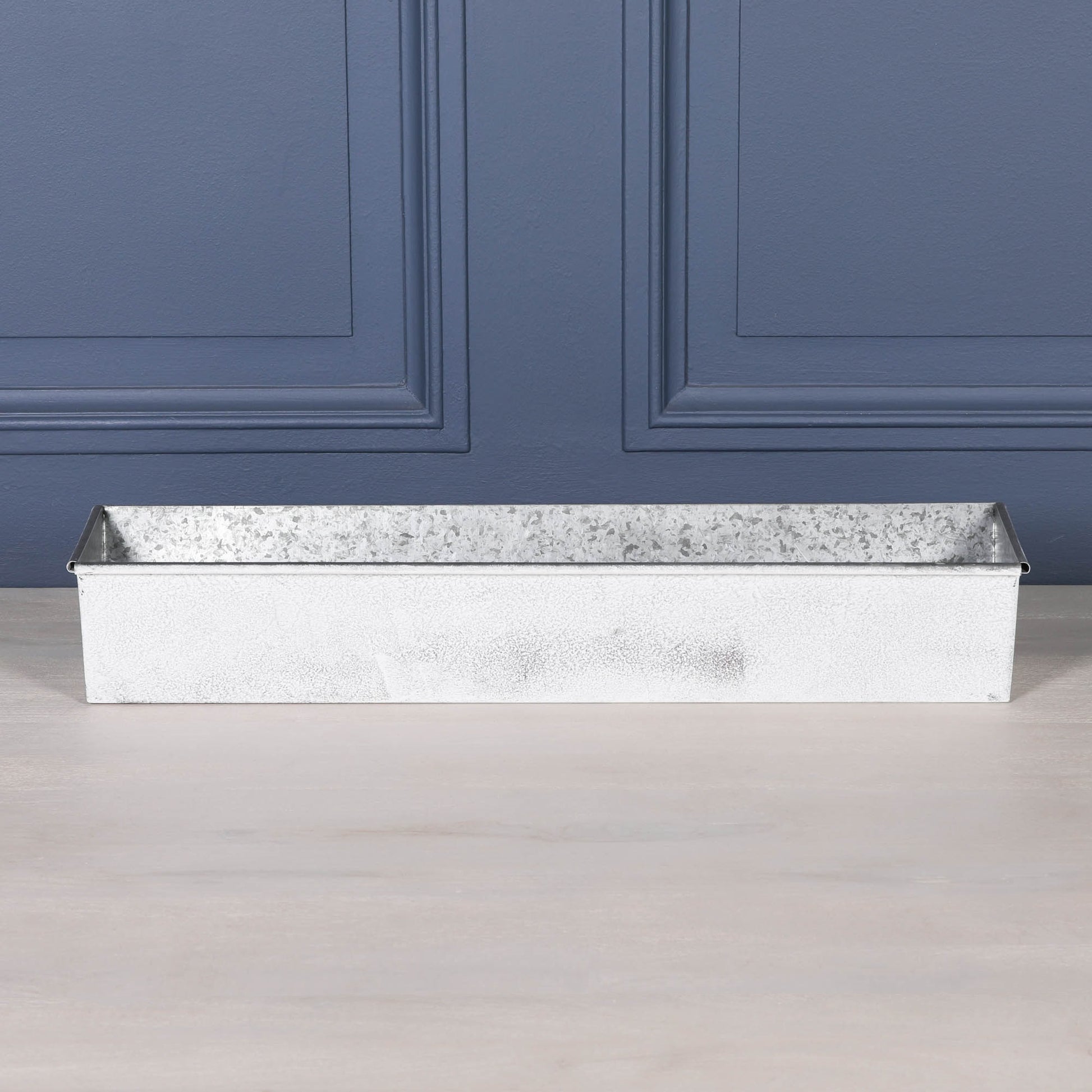 White Wash Metal Window Box Planter Roll Top - 84cm, ideal for herbs and flowers, showcasing rustic elegance.