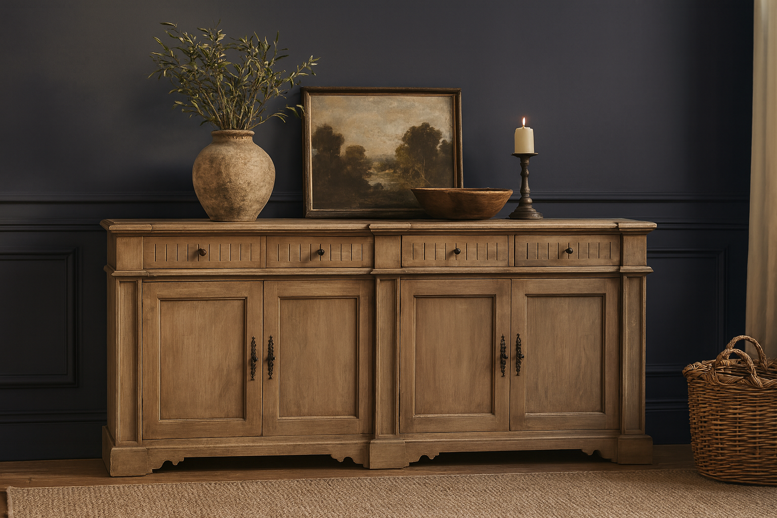 Wooden sideboard with decorative items against a dark wall