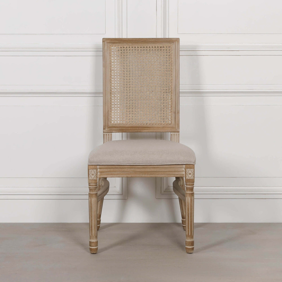 Wooden Louis Upholstered Square Rattan Back Dining Chair
