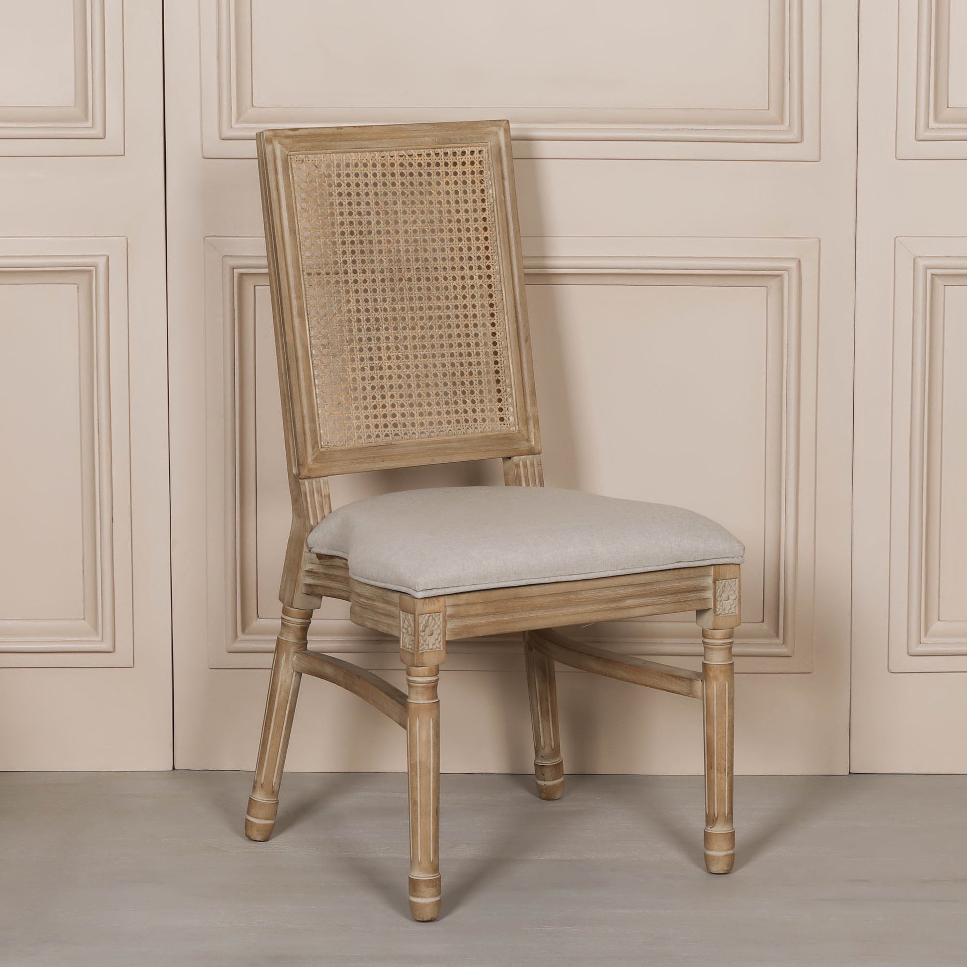 Wooden Louis Upholstered Square Rattan Back Dining Chair