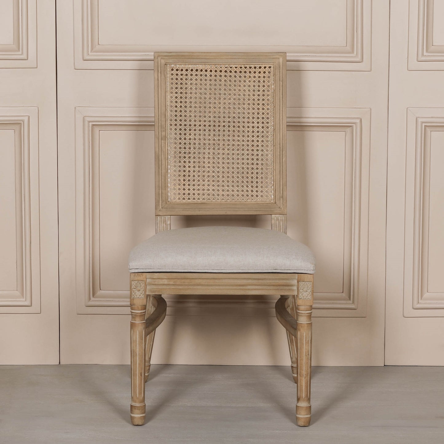 Wooden Louis Upholstered Square Rattan Back Dining Chair
