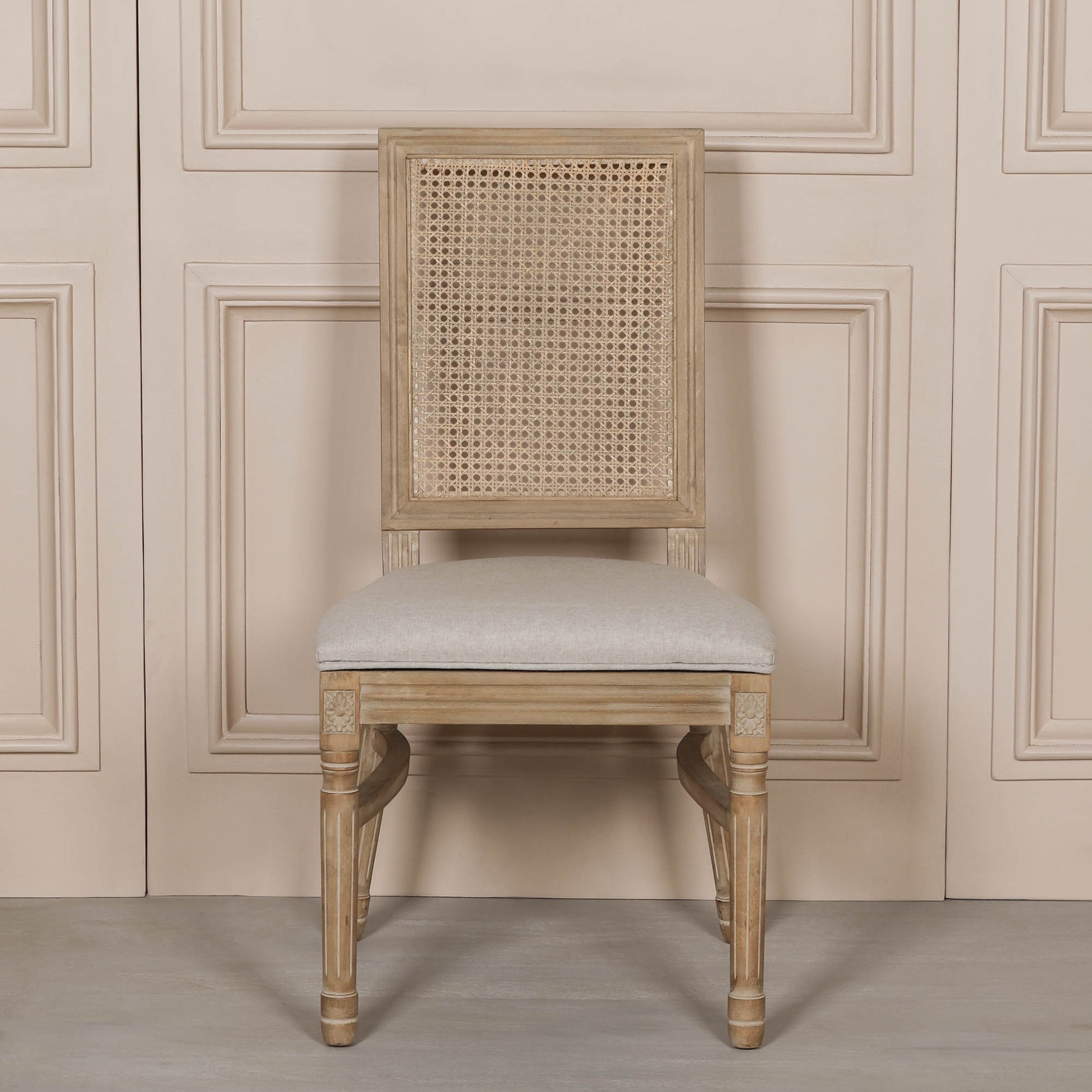 Wooden Louis Upholstered Square Rattan Back Dining Chair