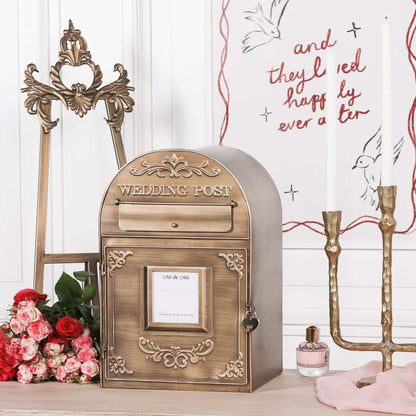 Antiqued Gold Wedding Post Box with Heart-Shaped Padlock