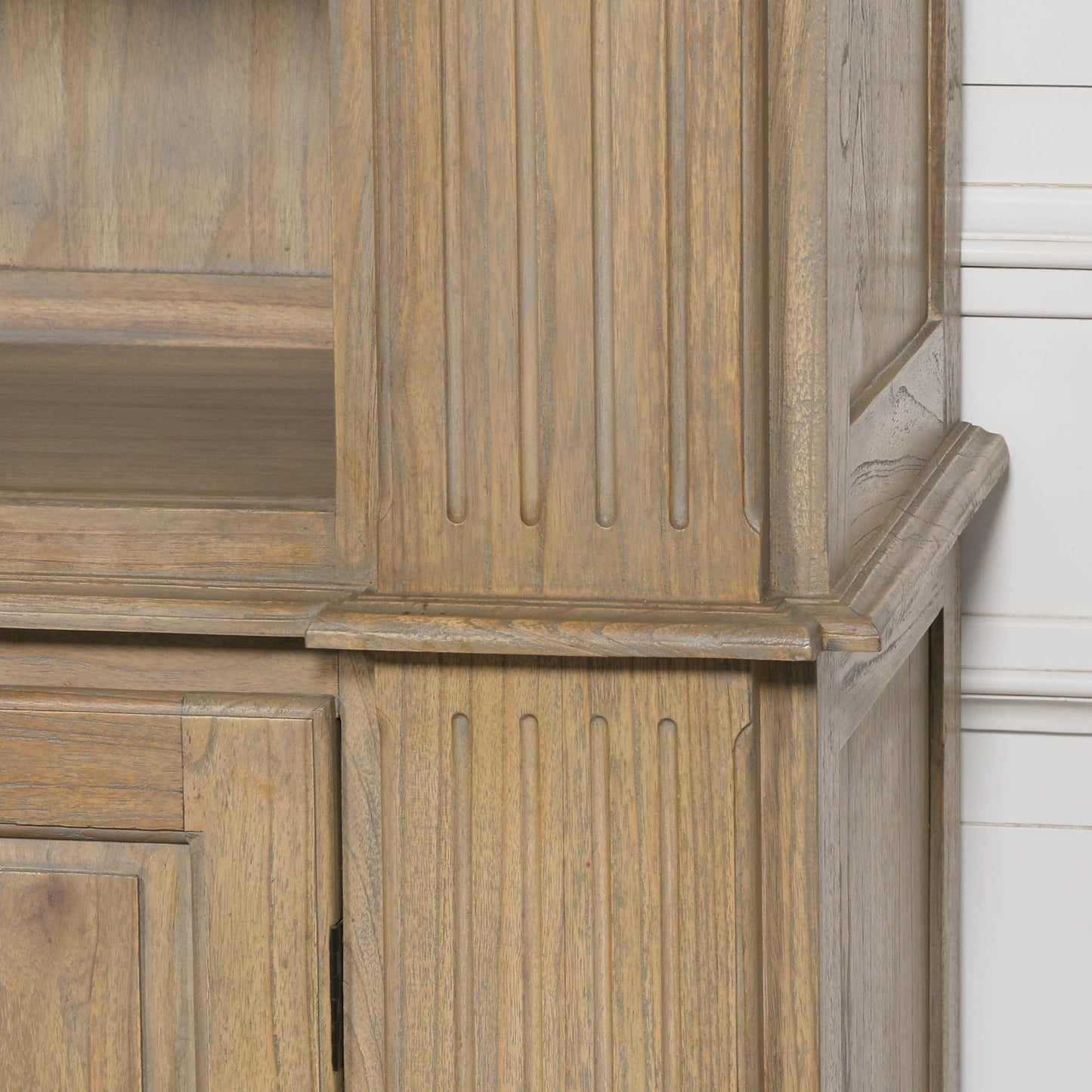 Large White Cedar Open Bookcase with Hand-Carved Corbel Details showcasing intricate wood grain and elegant design.