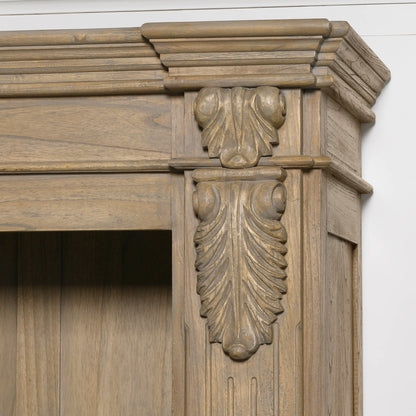 Large White Cedar Open Bookcase with Hand-Carved Corbel Details showing intricate hand-carved corbel design.