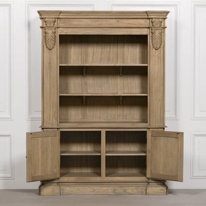 Large White Cedar Open Bookcase with Hand-Carved Corbel Details showcasing spacious shelving and lower cupboards.