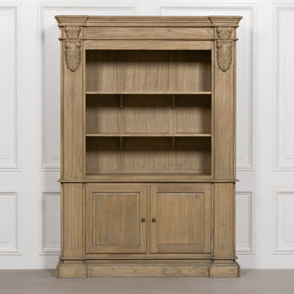 Large White Cedar Open Bookcase with Hand-Carved Corbel Details showcasing open shelves and lower cupboards.