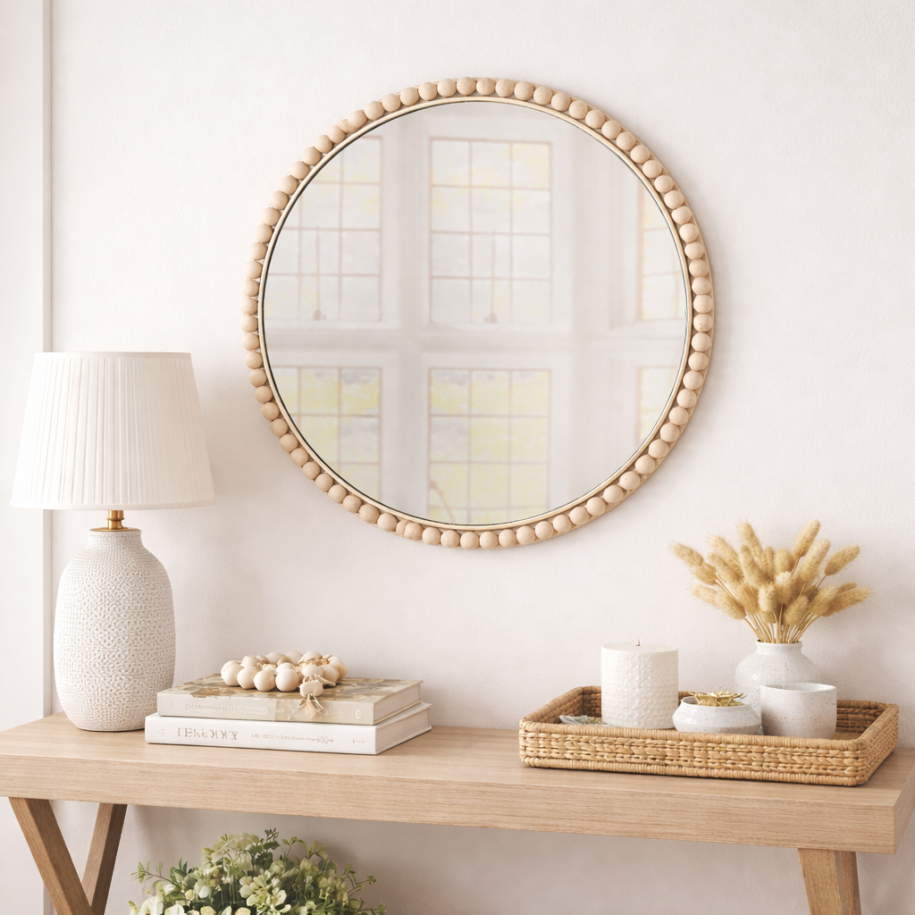 Gold Painted Round Wall Mirror with Bobble Wooden Edging