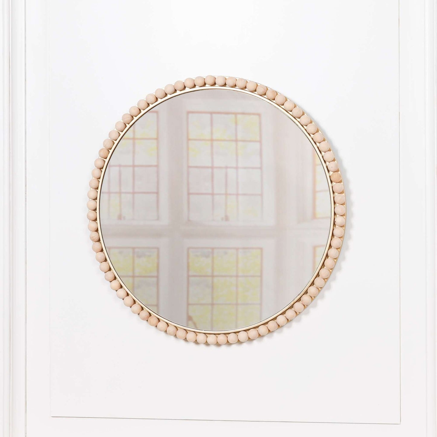 Wooden Bobble Round Wall Mirror with wood beads and glass in round shape, measuring H50 x W50 x D3cm.