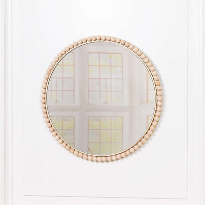 Wooden Bobble Round Wall Mirror with wood beads and glass in round shape, measuring H50 x W50 x D3cm.