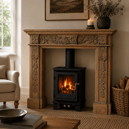 Wood-burning stove in a living room with a decorative fireplace mantle.