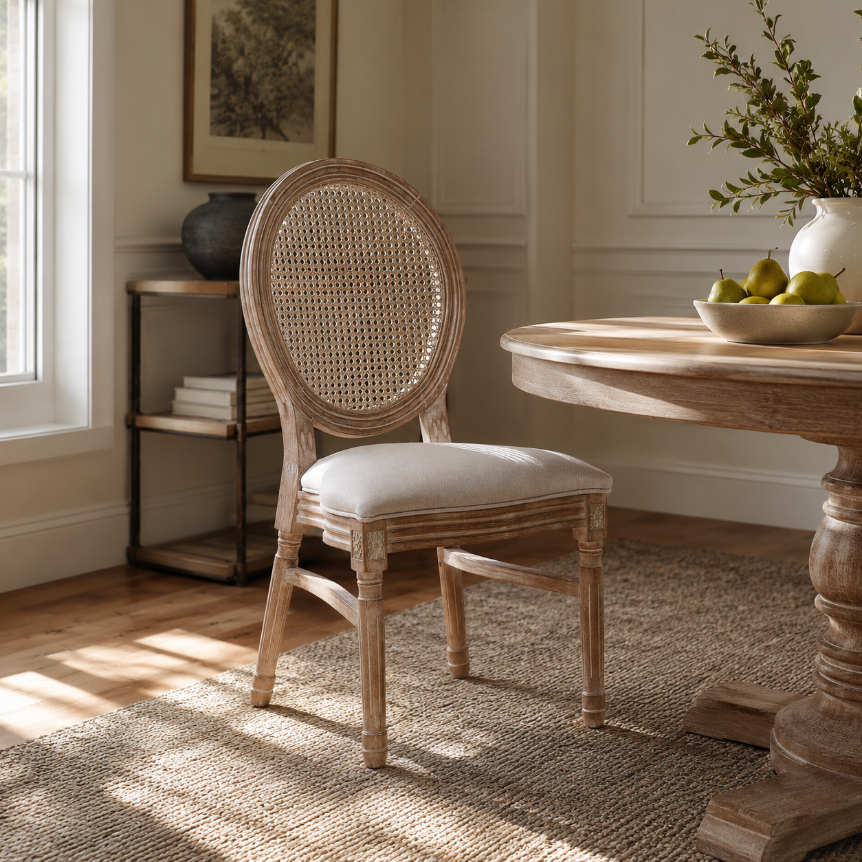 Wooden chair with a white cushion in a room with a wooden table and decor.