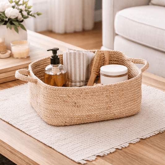 Woven basket on a coffee table with various items in a living room setting
