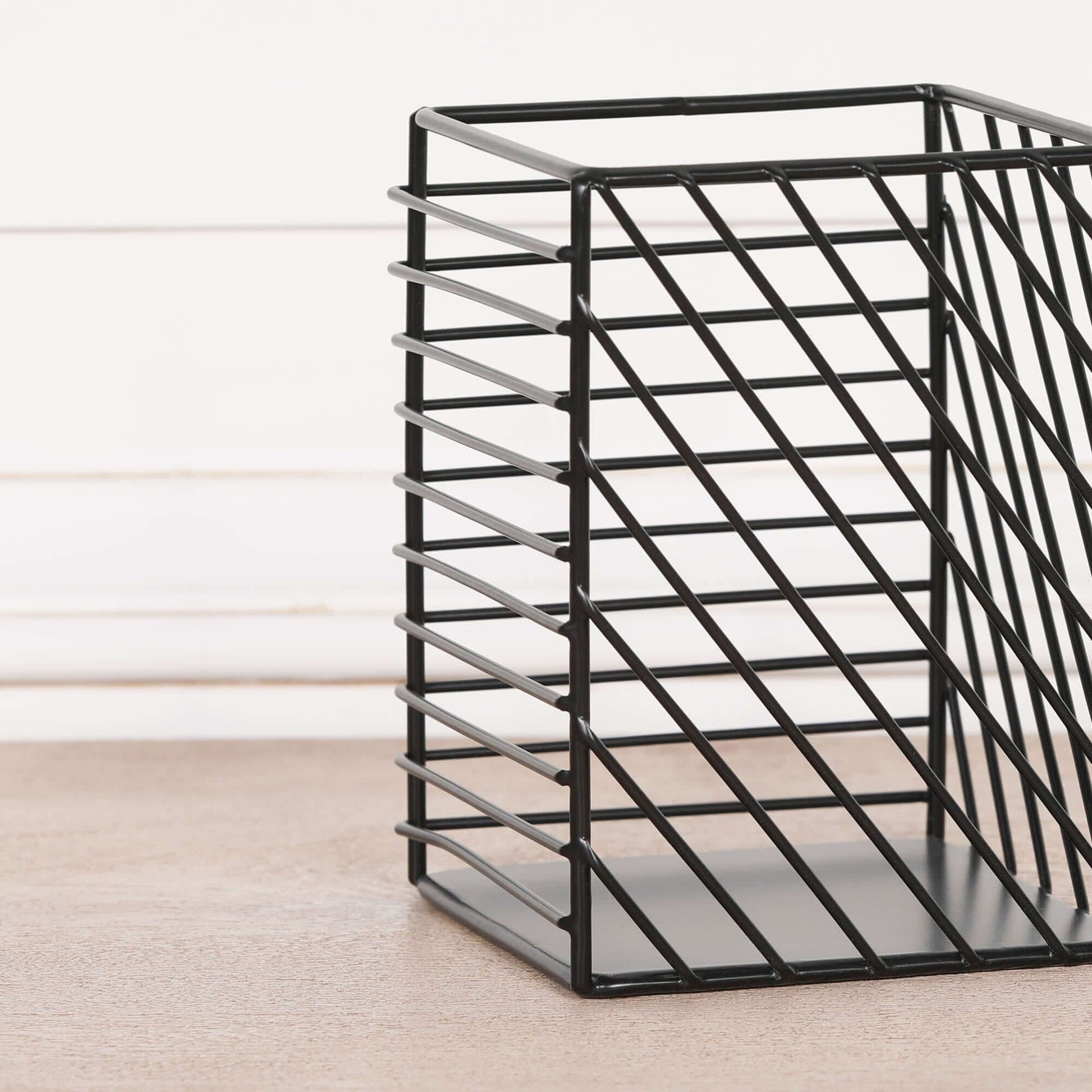 Black Painted Square Metal Storage Basket with diagonal slats, ideal for organizing your space.