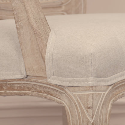 Wooden Louis Carver Dining Arm Chair with Light Washed Wooden Finish and Linen Upholstery