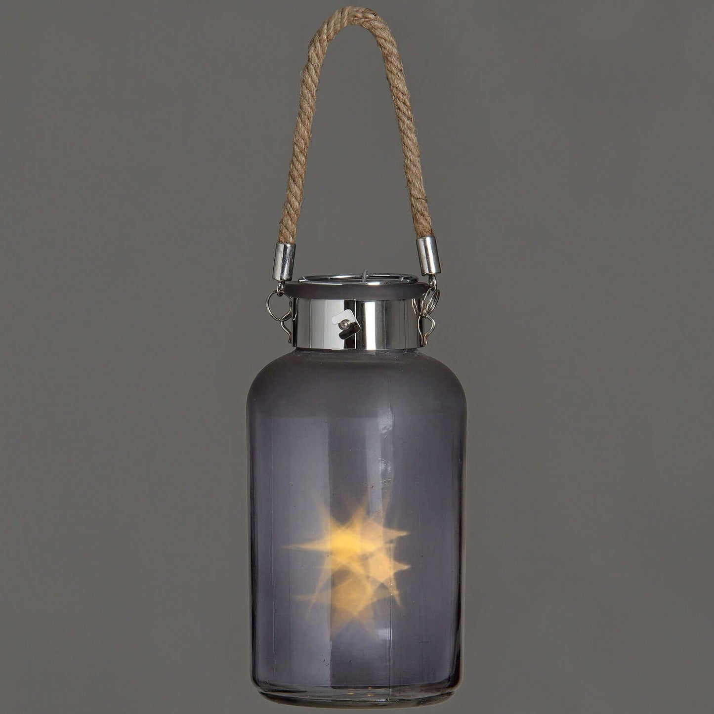 Frosted Grey Glass Lantern with Rope Detail and LED