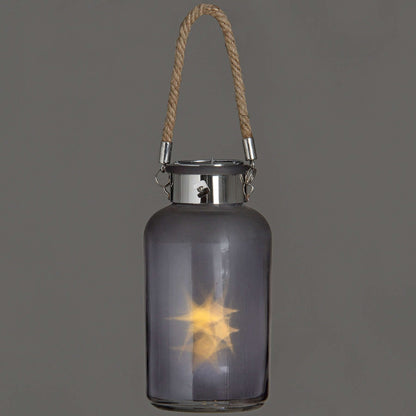 Frosted Grey Glass Lantern with Rope Detail and LED